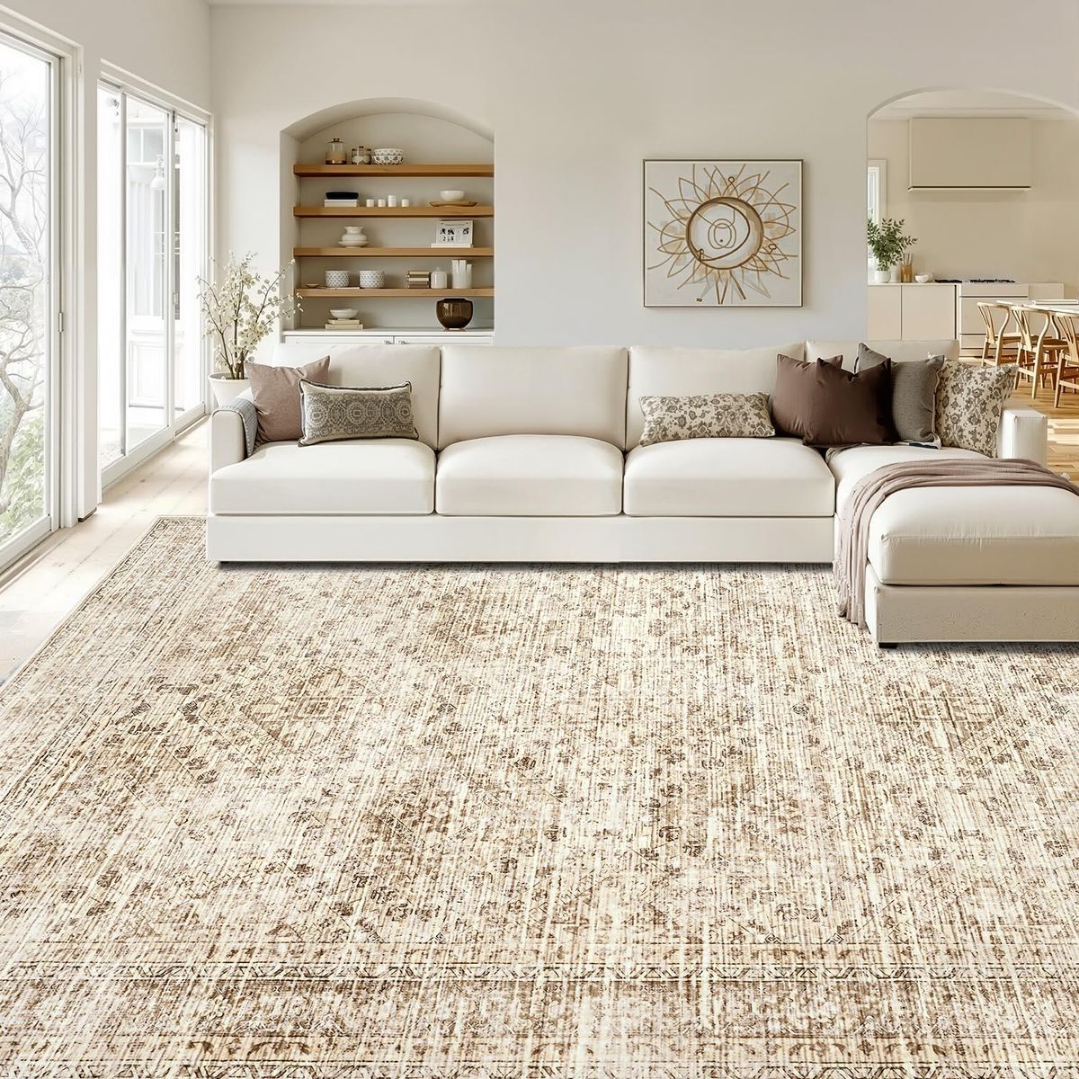NEW Modern Vintage 9x12 Area Rug - Distressed Neutral Cream & Taupe Medallion