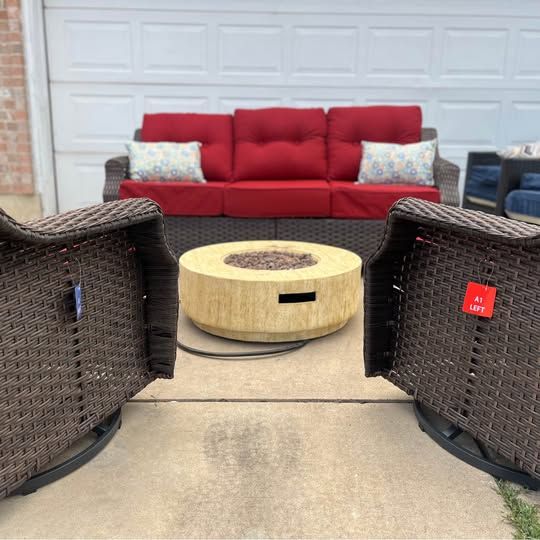 Brand New 4-Piece Wicker Patio Set with Propane Fire Pit Table!