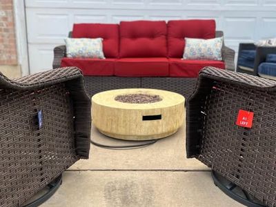 Brand New 4-Piece Wicker Patio Set with Propane Fire Pit Table!