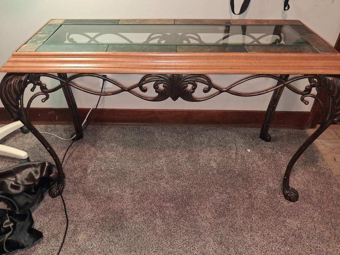Ornate Console Table with Wood, Metal, and Tile Top - Decorative Accent Furniture
