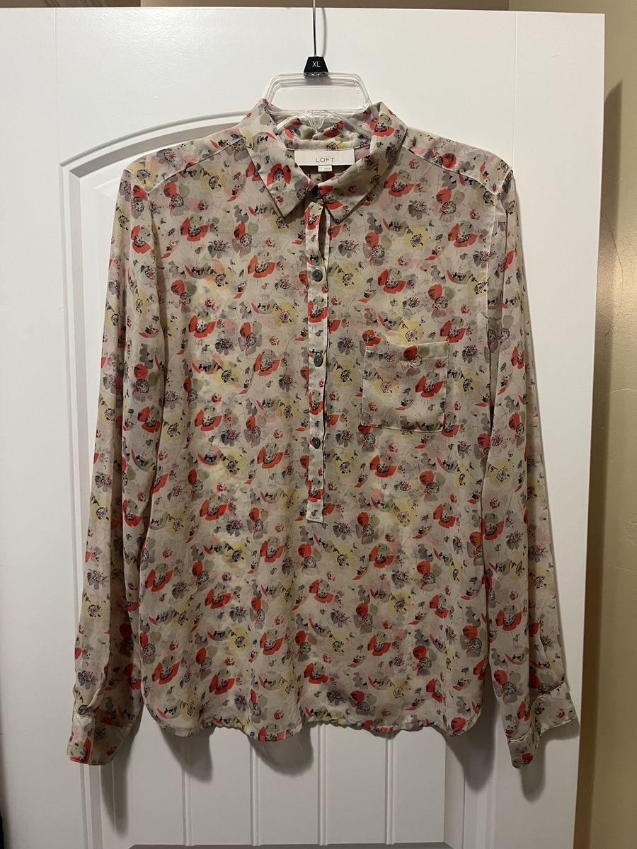 LOFT Sheer Floral Blouse Women's Size L Long Sleeve Button Front Polyester