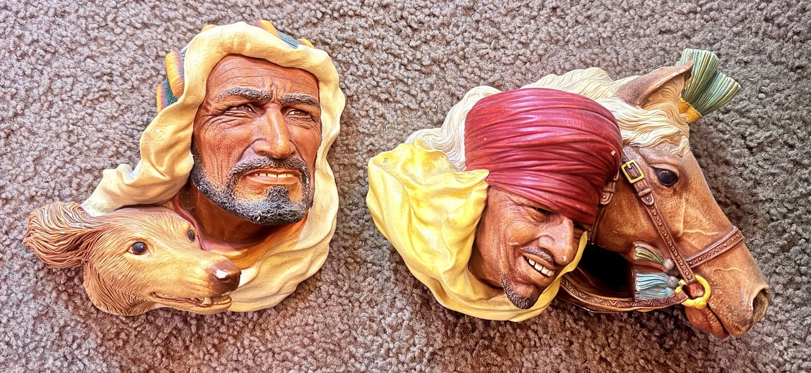 Vintage Wall Art Sculptures Set Bedouin Man with Dog and Horse