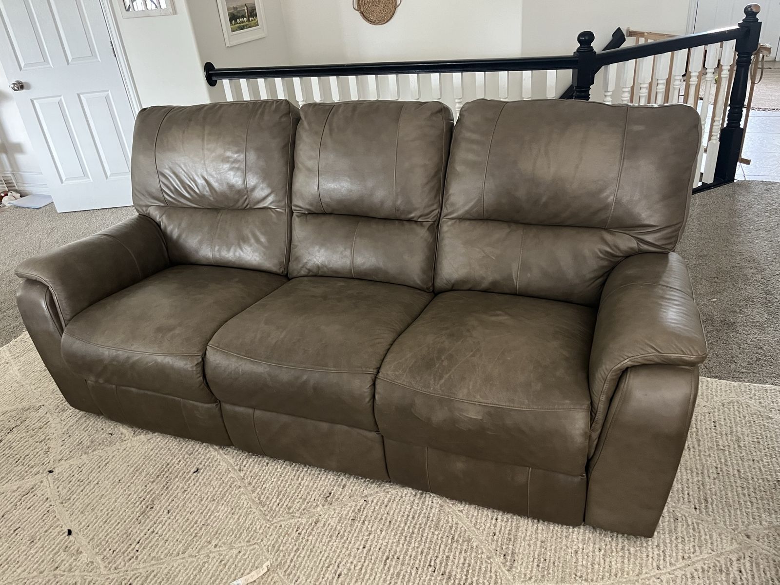 Smokey Brown Leather Reclining Sofa Couch with Dual Recliners