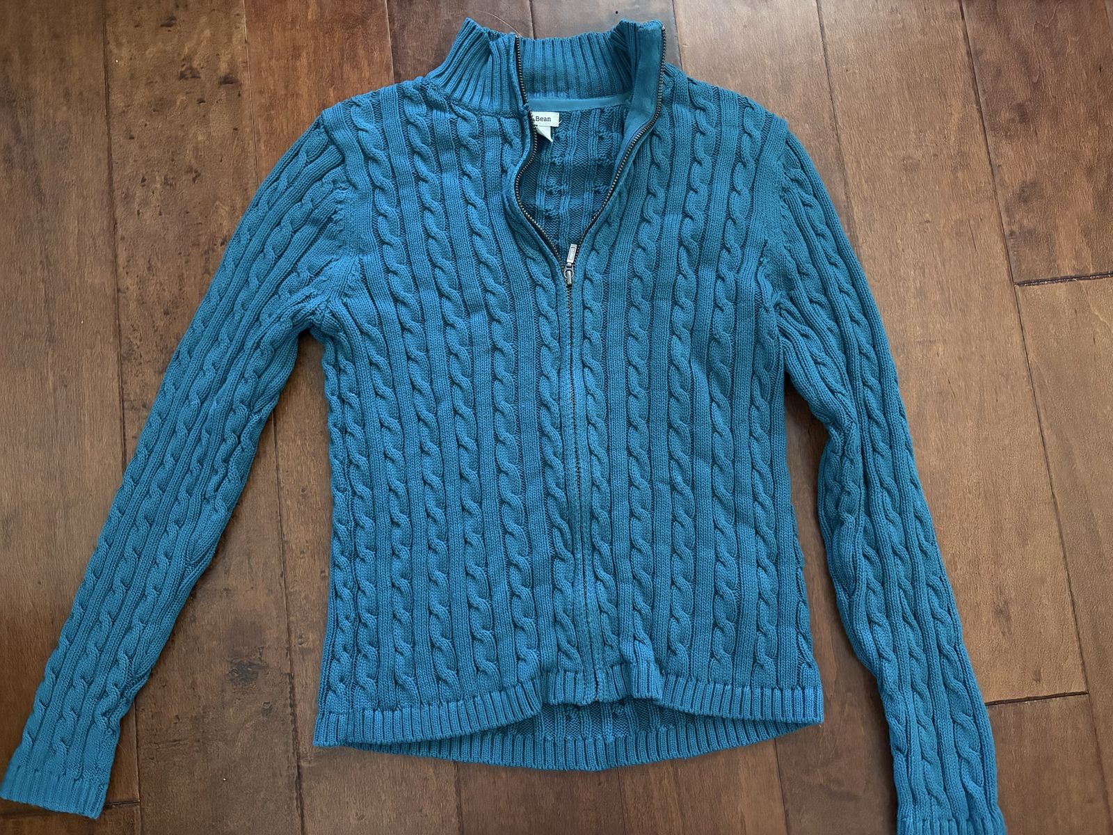 Teal L.L. Bean Cable Knit Zip Up Cardigan Sweater  Sz M