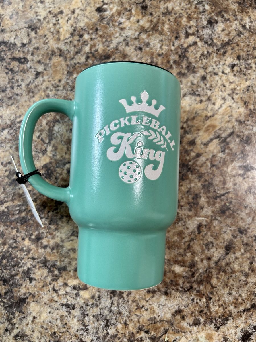 Pickleball King Mug - Green Ceramic Travel Coffee Cup with Lid - Food, Microwave & Dishwasher Safe