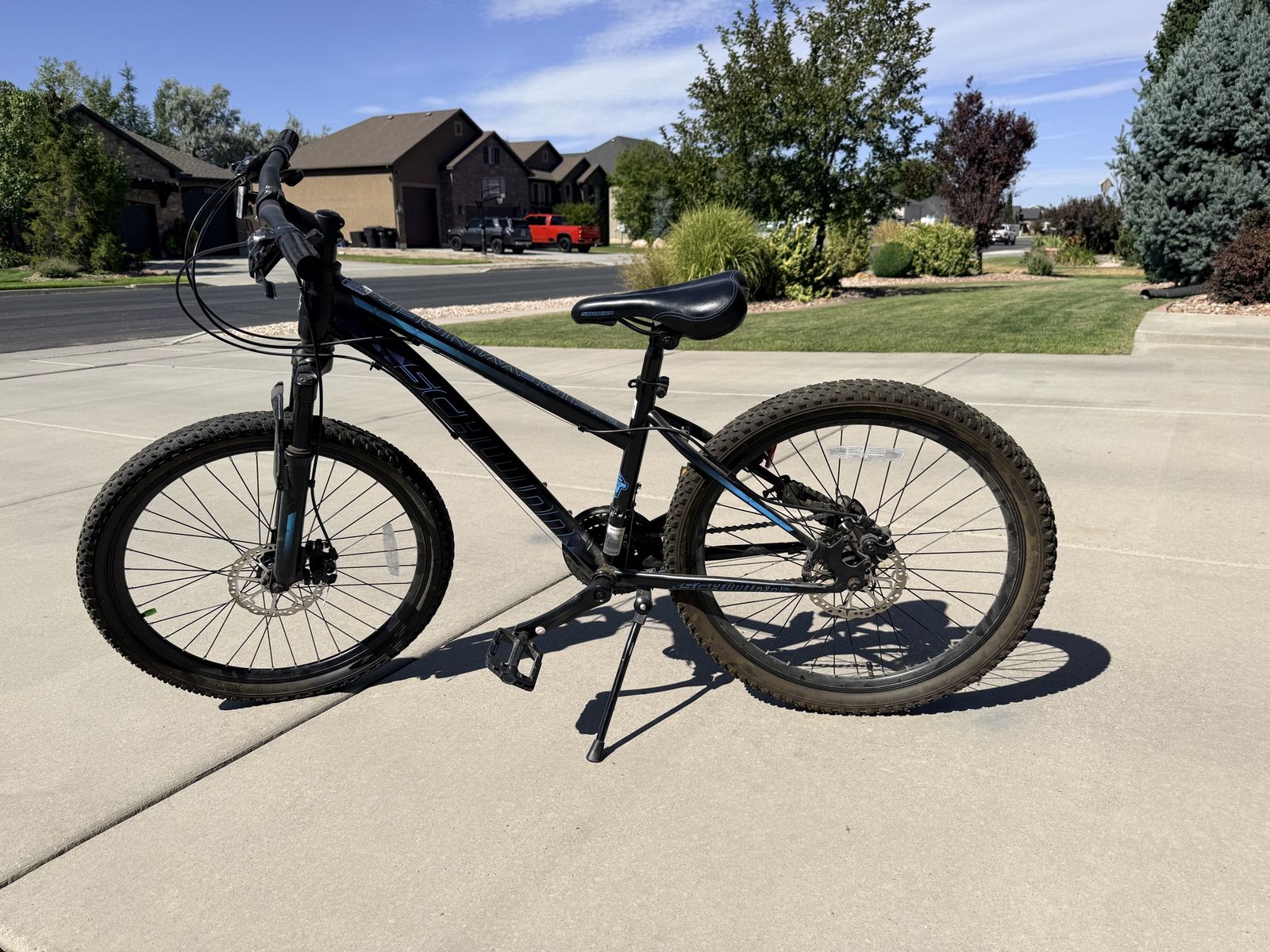 Schwinn Trails 24" Kids Mountain Bike - Black/Blue, Disk Brakes, Kickstand
