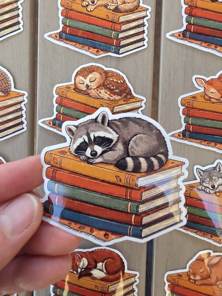 Sleeping Woodland Animals on Books Vinyl Sticker
