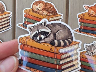 Sleeping Woodland Animals on Books Vinyl Sticker