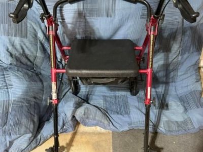 Drive Medical Adjustable Height Rollator Rolling Walker with 6" Wheels, Red with Seat, Brakes, and Storage Bag