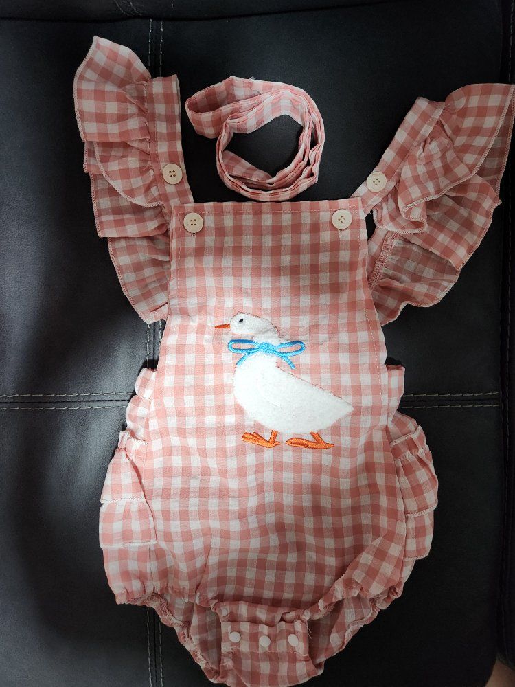 Baby Girl Pink Gingham Duck Embroidery Ruffle Romper Set 12-18M