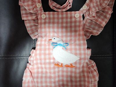 Baby Girl Pink Gingham Duck Embroidery Ruffle Romper Set 12-18M