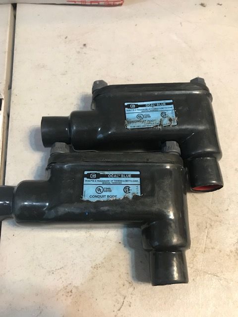 Qty 2- Ocal Blue 3/4 inch LB pvc coated conduit bodies electrical
