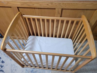 Wooden Baby Crib and Fisher-Price Infant Rocker