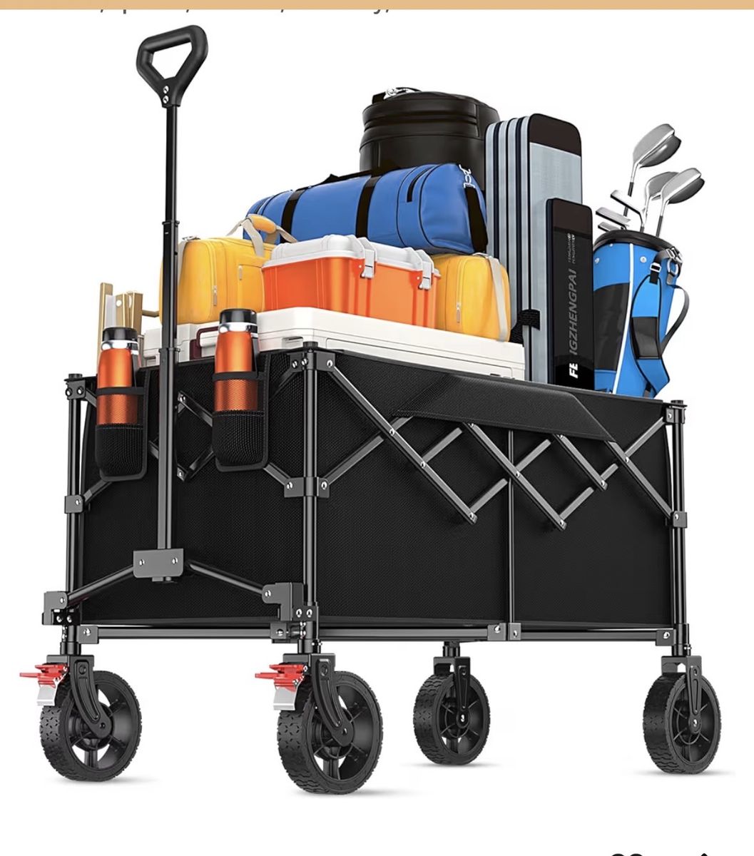 Folding Collapsible Outdoor Utility Wagon with All-Terrain Wheels & Adjustable Handle - Black