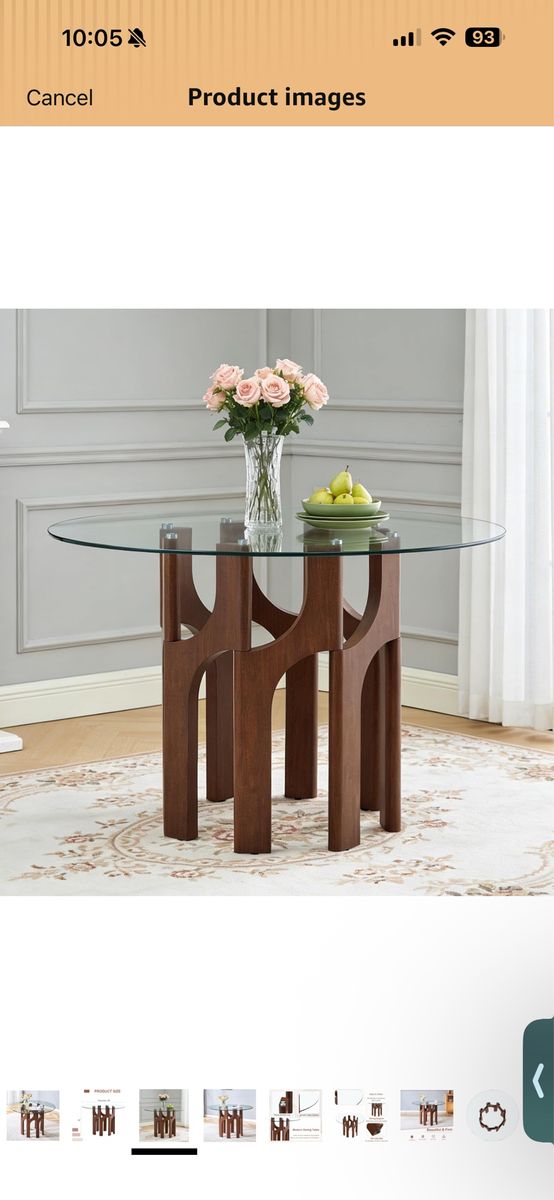 NEW Round Tempered Glass Dining Table, 46", Mid-Century Modern Walnut/Black MDF Sculptural Base