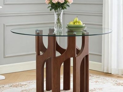 NEW Round Tempered Glass Dining Table, 46", Mid-Century Modern Walnut/Black MDF Sculptural Base