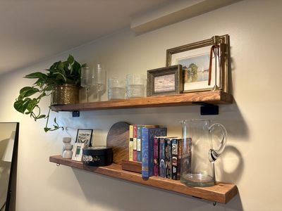 Handmade Reclaimed Wood Floating Shelves - Set of 2, Rustic Industrial Style, Sturdy Metal Brackets