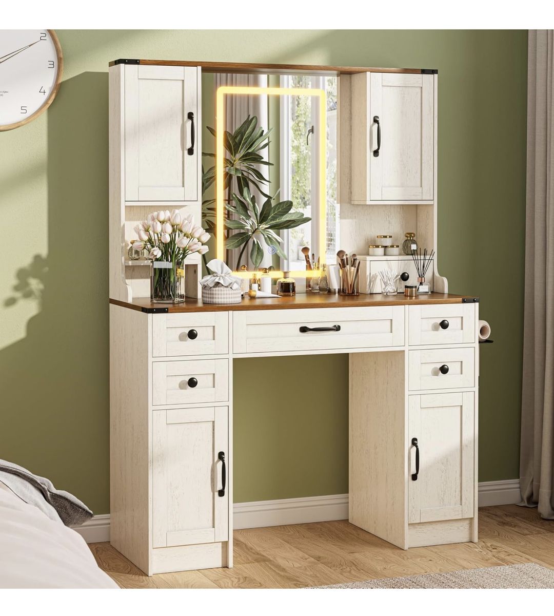 Farmhouse Vanity Desk with LED Lights and Mirror, Large Makeup Vanity Table Set
