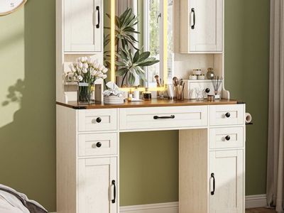 Farmhouse Vanity Desk with LED Lights and Mirror, Large Makeup Vanity Table Set