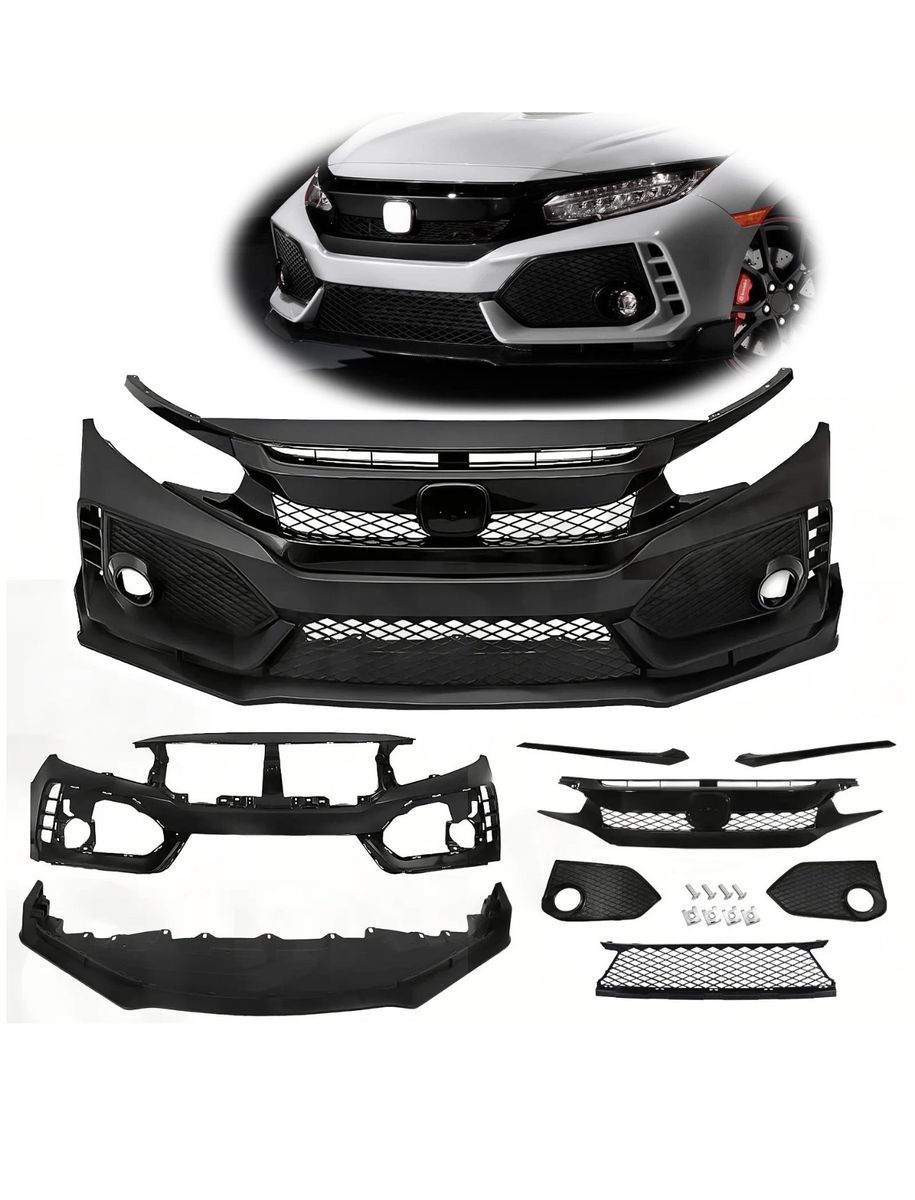 2016- 2021 Honda Civic Front Bumper Kit Type R Style Glossy Black Complete Assembly