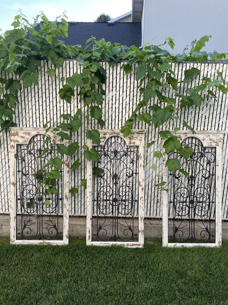 Set of 3 Rustic Distressed Wood & Wrought Iron Arch Wall Decor Panels