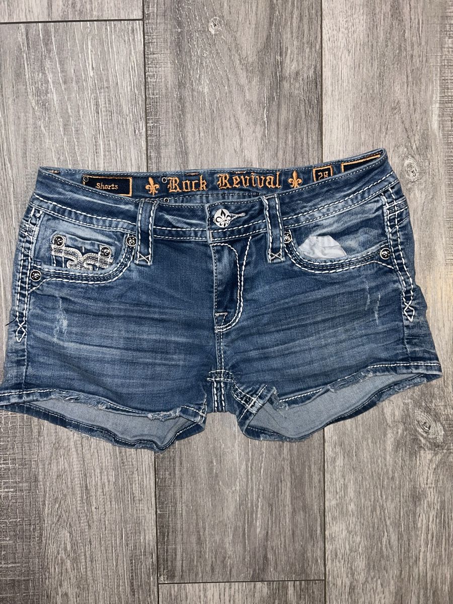 Rock Revival Denim Jean Shorts Womens Size 28 Distressed Rhinestone