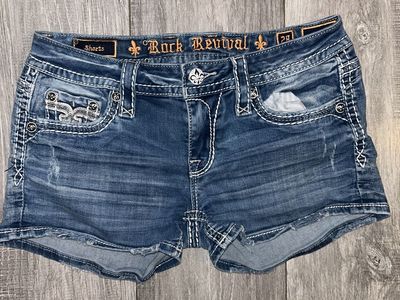 Rock Revival Denim Jean Shorts Womens Size 28 Distressed Rhinestone