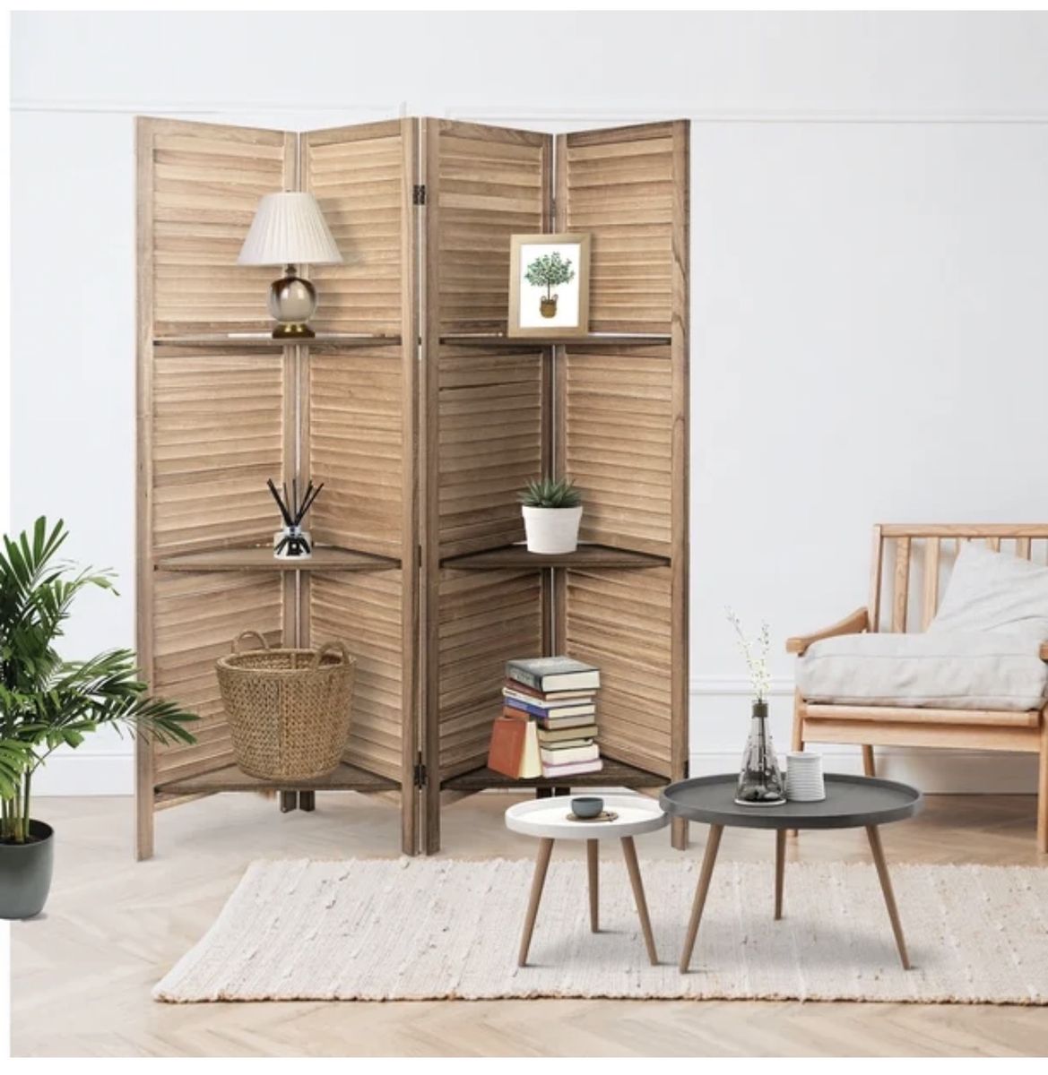 4 Panel Room Divider,with 3 Display Shelves Detachable, Folding Privacy Screens Temporary Wal