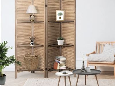 4 Panel Room Divider,with 3 Display Shelves Detachable, Folding Privacy Screens Temporary Wal