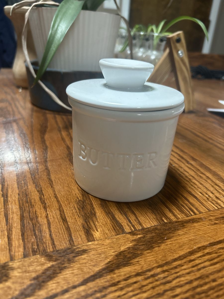 White Ceramic French Butter Crock Keeper with Embossed Text