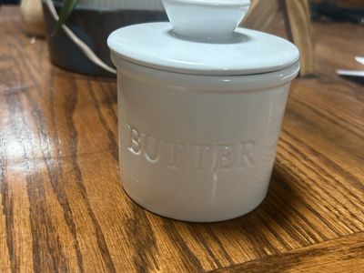 White Ceramic French Butter Crock Keeper with Embossed Text