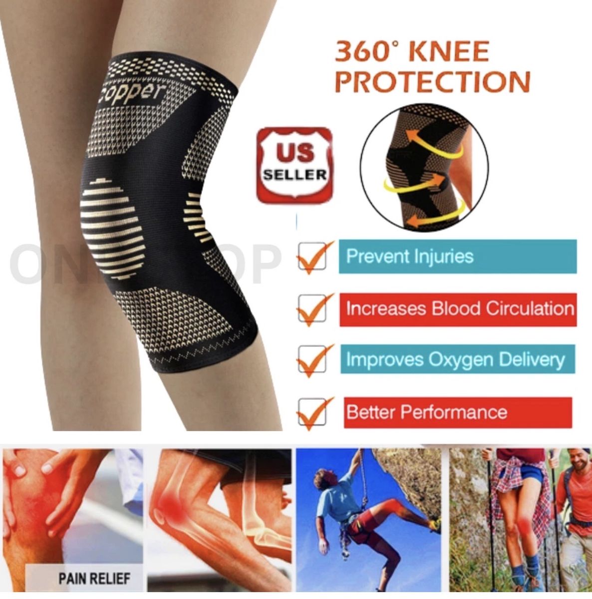 Copper Compression Knee Sleeve Brace - 360° Protection, Pain Relief, Improves Circulation & Performance ( 1 for $10 2 for $18)