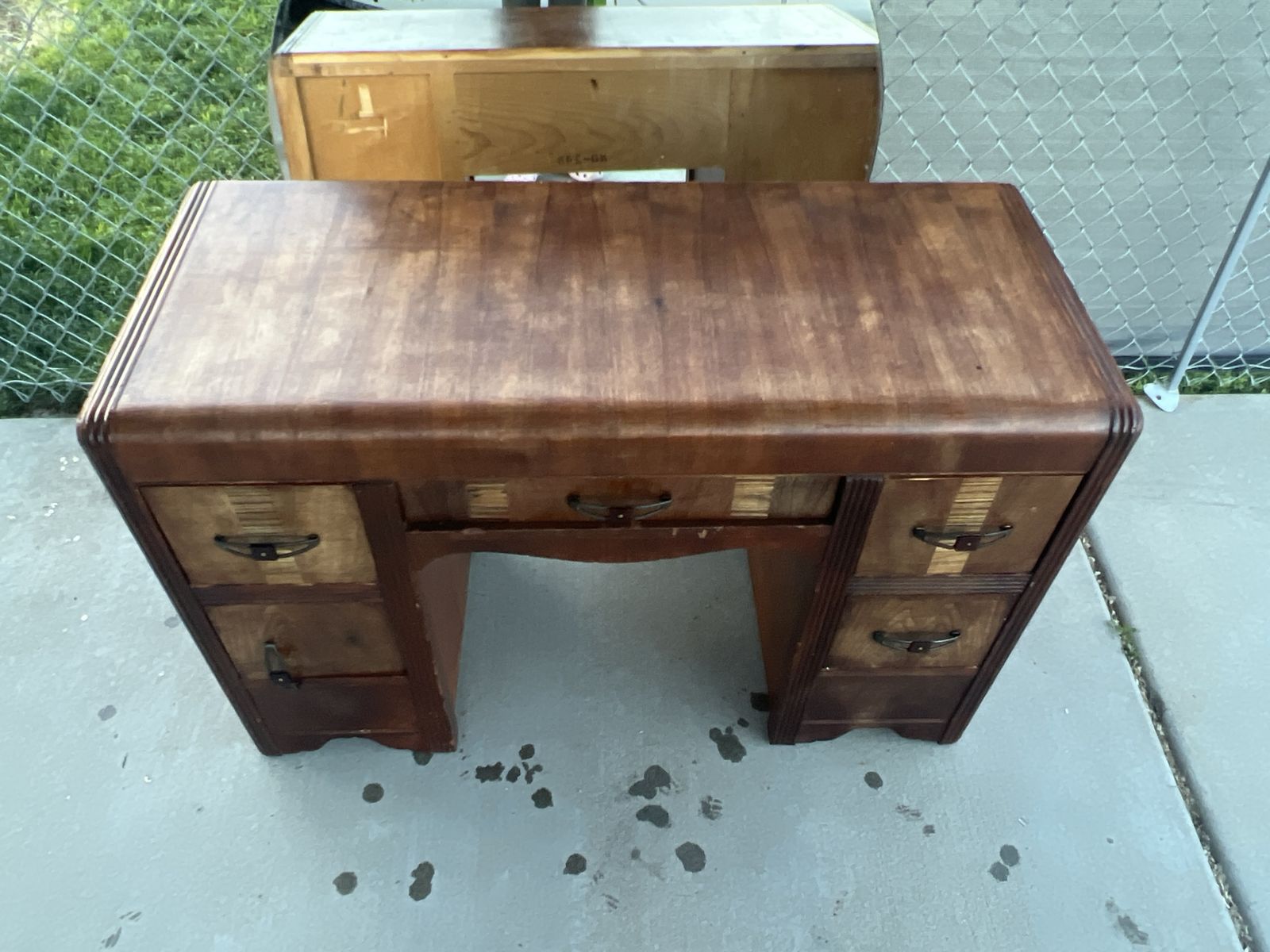 Vintage Art Deco Wood Vanity Desk with 5 Drawers - Mid-Century Modern Dressing Table