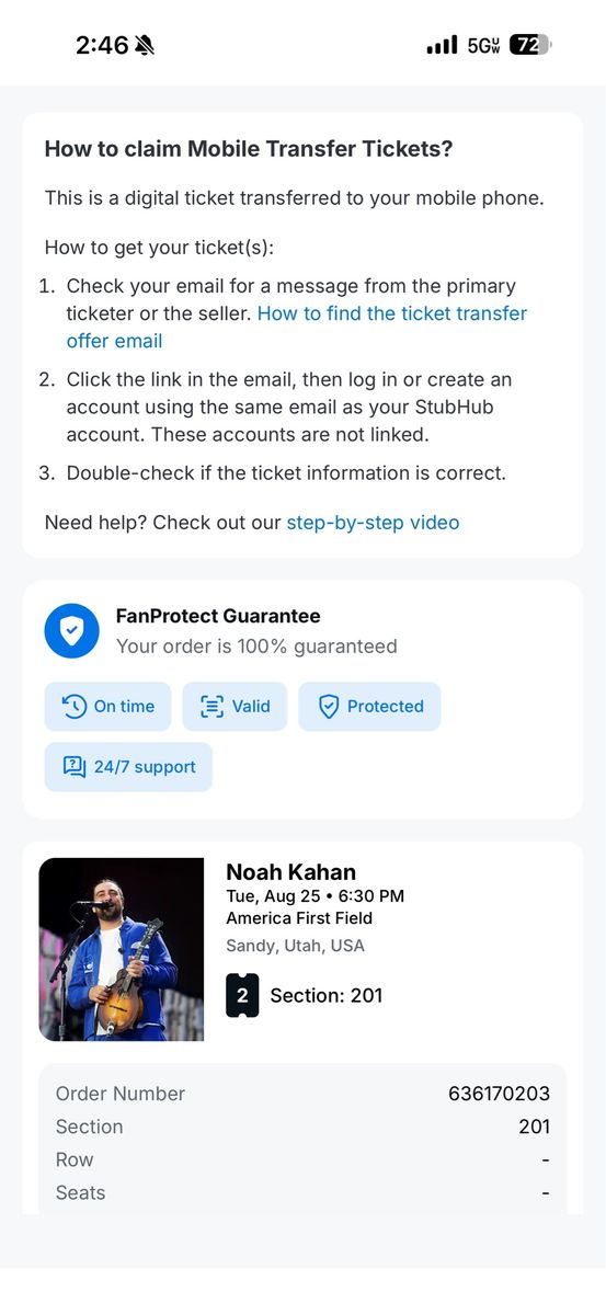 Noah Kahan Concert Tickets (2) - America First Field, Sandy, UT - Aug 25th - Section 201