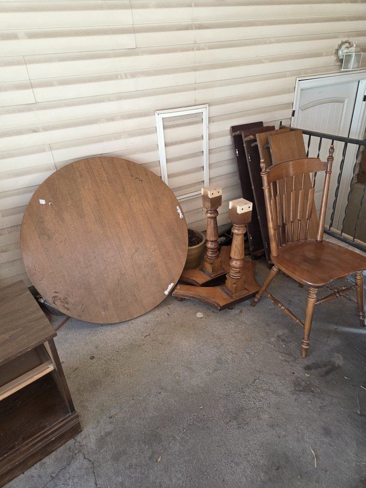 Used Round Wood Dining Table Top with Pedestal Base and Chair, Light Brown Wood