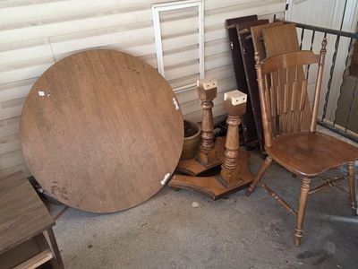 Used Round Wood Dining Table Top with Pedestal Base and Chair, Light Brown Wood