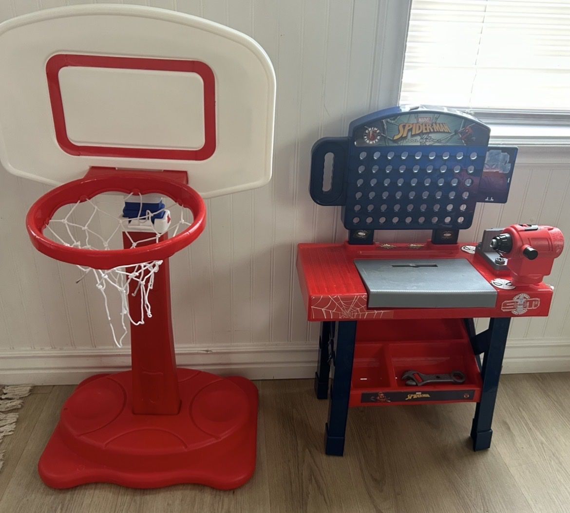 Kids, basketball hoop and tool bench