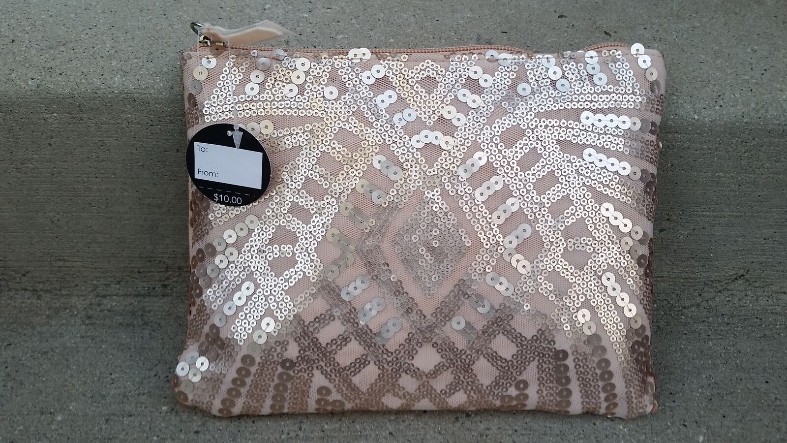 Champagne Colored Mesh Sequined Zippered Makeup Bag w/Gift Box