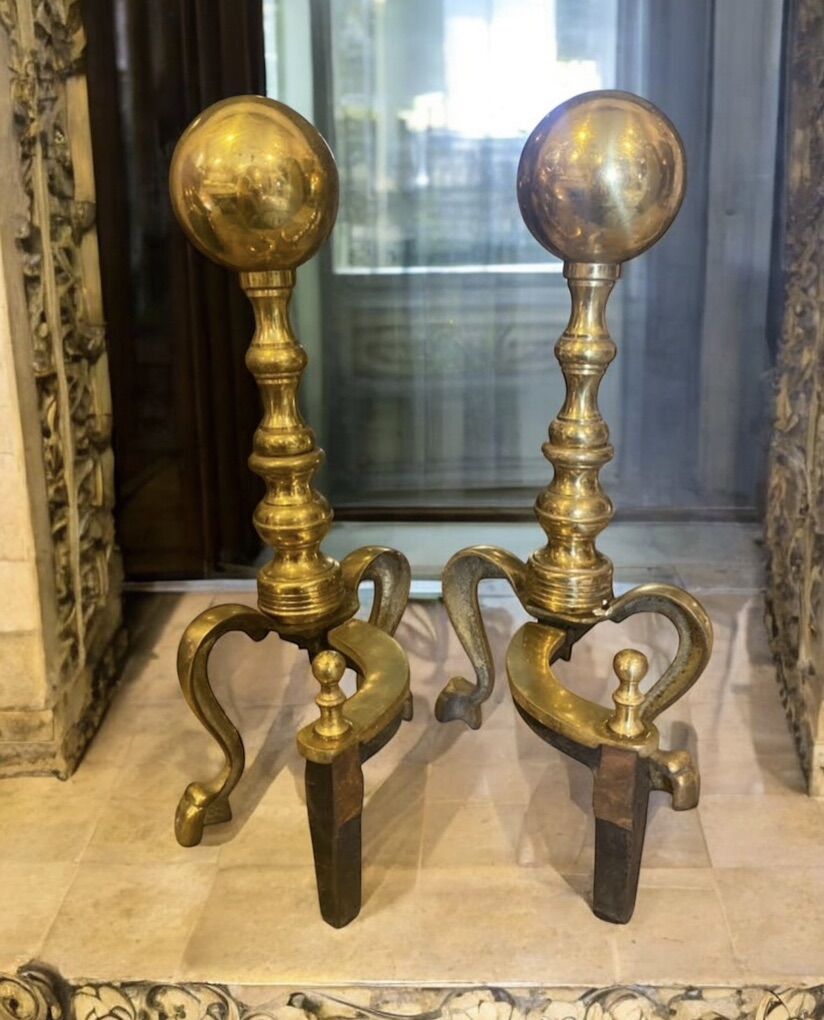 Brass Canon Ball Andirons Claw Feet