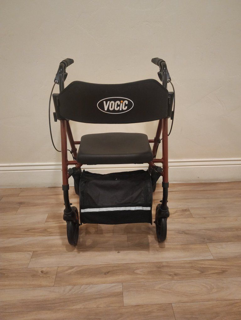 VOCIC 4-Wheel Rollator Walker With Padded Seat –Maroon Red, 330 lb Capacity (FrontStorage Bag For Easy Access)