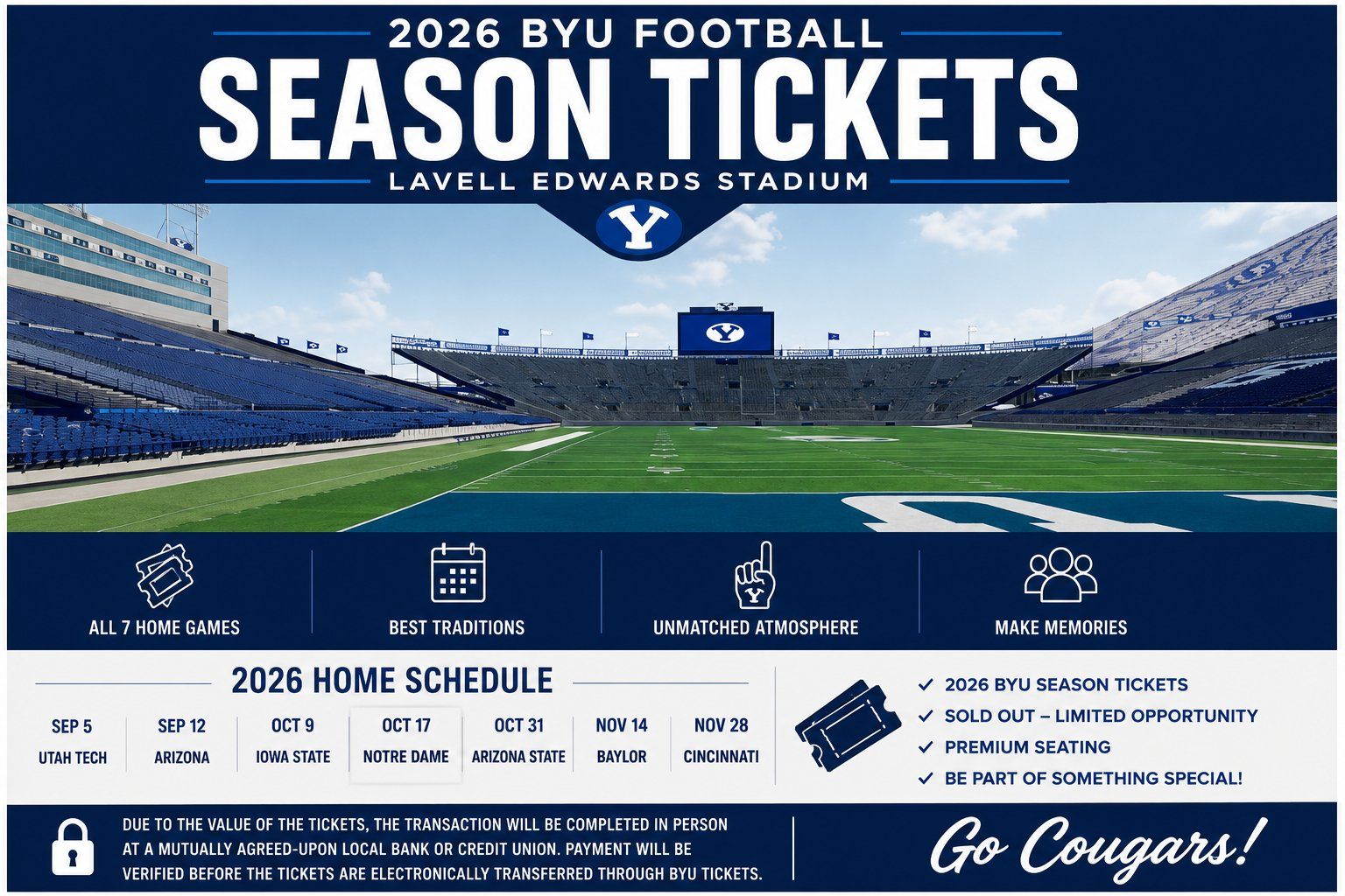 4 BYU FOOTBALL SEASON TICKETS — NOTRE DAME — ROWS 4 & 5 — SEC 46