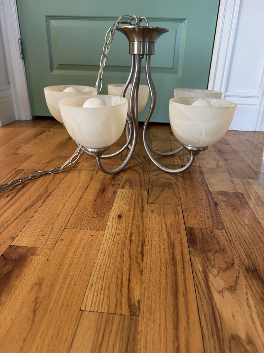 Brushed Nickel Chandelier with Alabaster Glass Shades - 5-Light Fixture