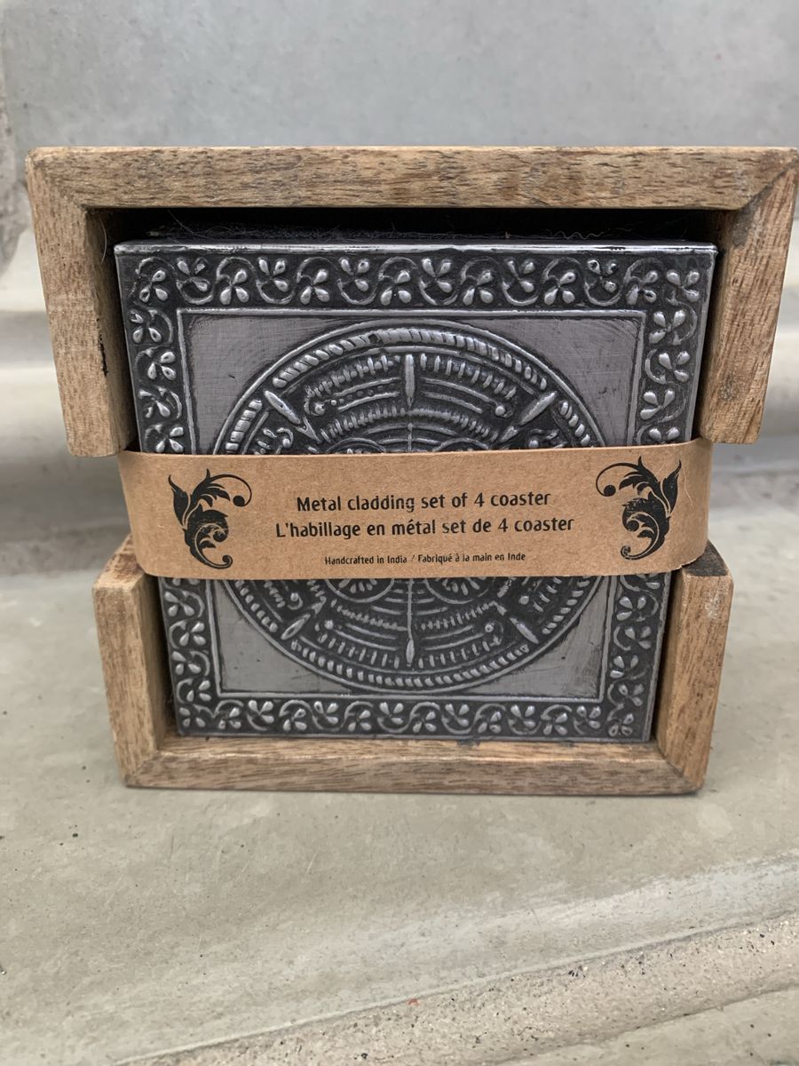 Handcrafted Metal Cladding Drink Coaster Set of 4 with Wooden Holder