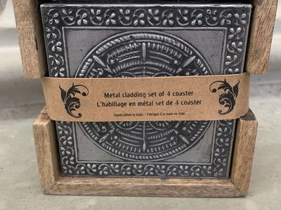 Handcrafted Metal Cladding Drink Coaster Set of 4 with Wooden Holder