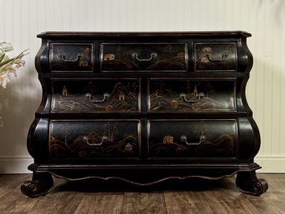 Vintage-Style Chinoiserie Black Bombe Chest | Hand-Painted Accent Dresser
