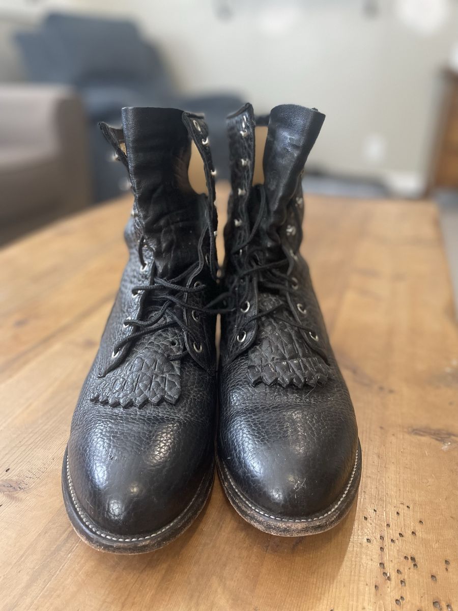 Justin Men's Black Textured Leather Lace-Up Kiltie Packer Boots - Size 11.5 D