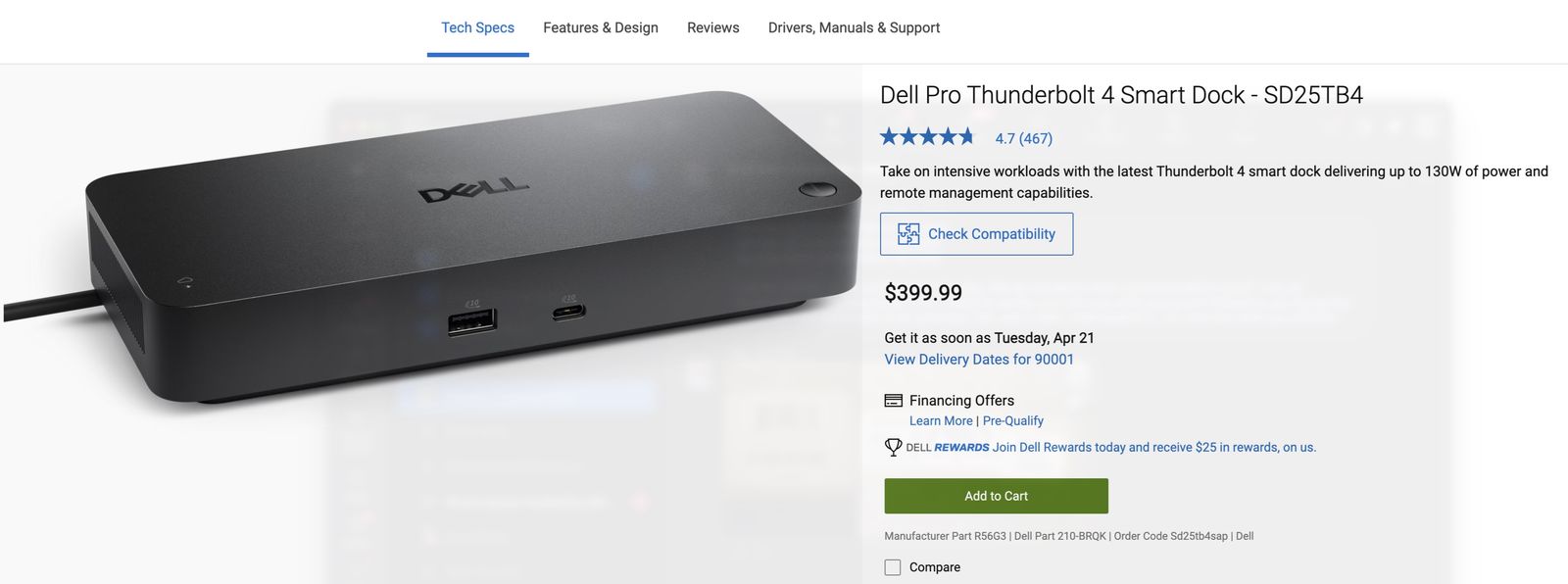 Dell Pro Thunderbolt 4 Smart Dock - SD25TB4 $150