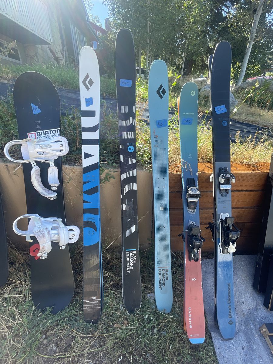 Black Diamond, Blizzard Skis and Burton Snowboard with Bindings