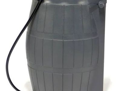 FCMP Outdoor Raincatcher 4000, Flat-Back Rain Water Barrel, 50-Gallon, Gray - Rainwater Collection Storage Container w/Side Spig
