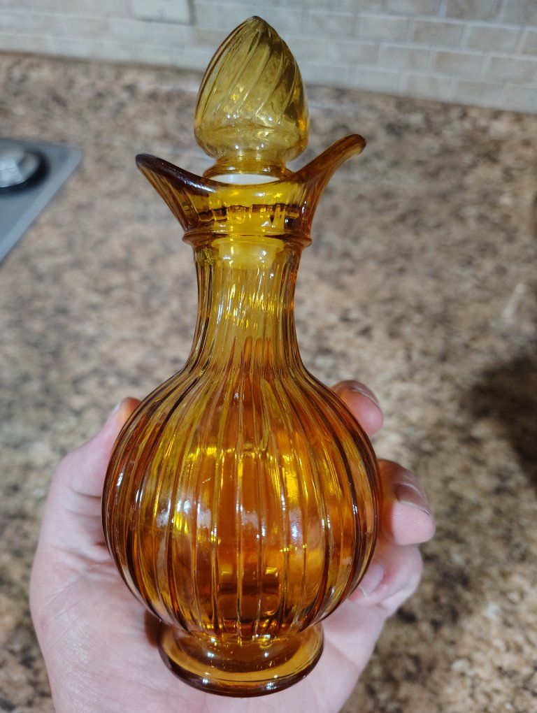 Vintage Amber Ribbed Glass Perfume Decanter Bottle with Stopper